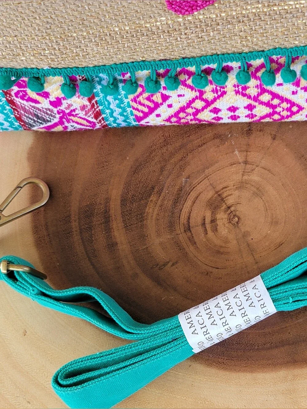 Authentic American & Beyond Straw and Jute Woven Tote with Pink Strawberries